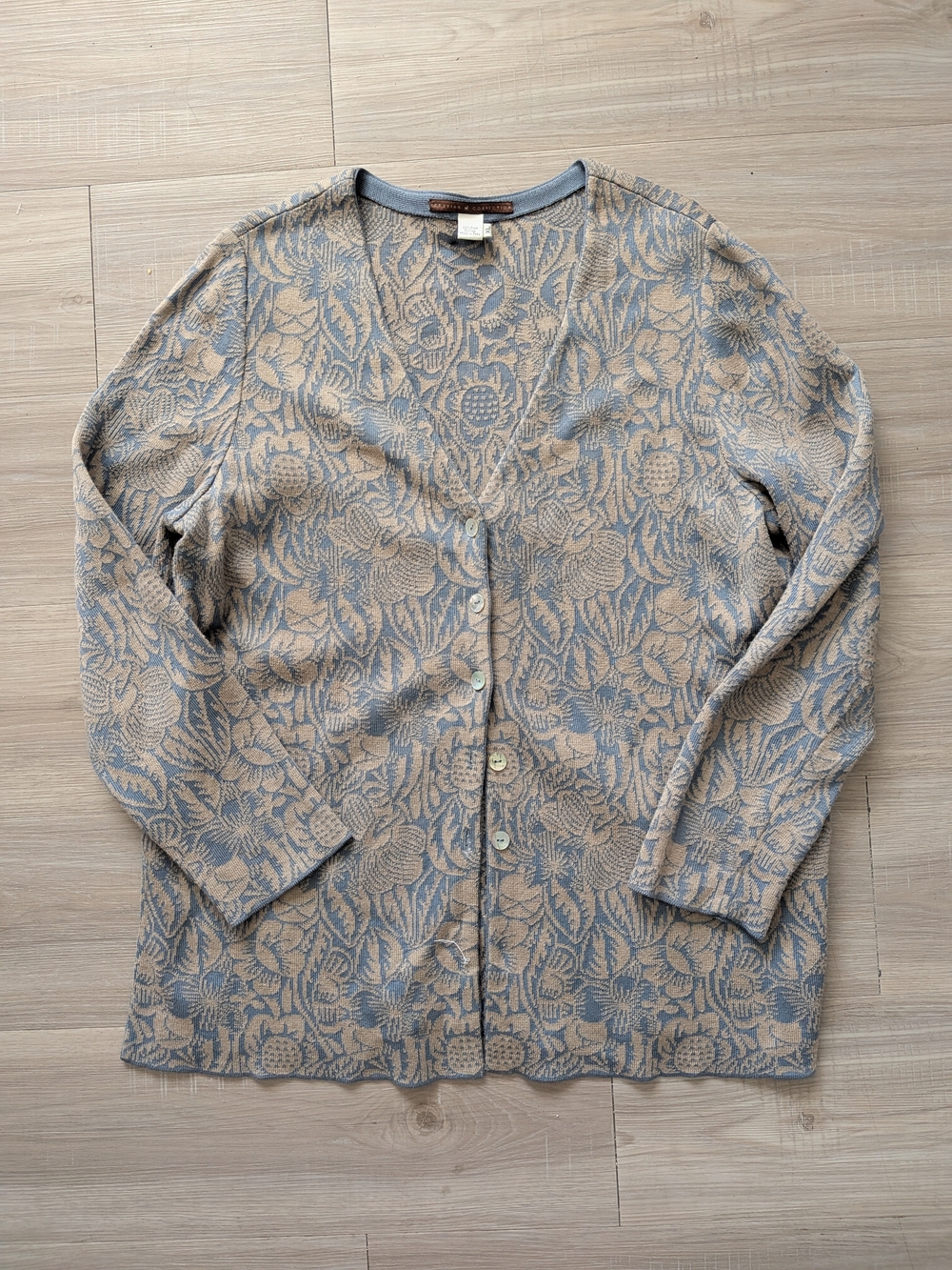 Peruvian Connection Blue and Tan Floral Jacquard Cardigan